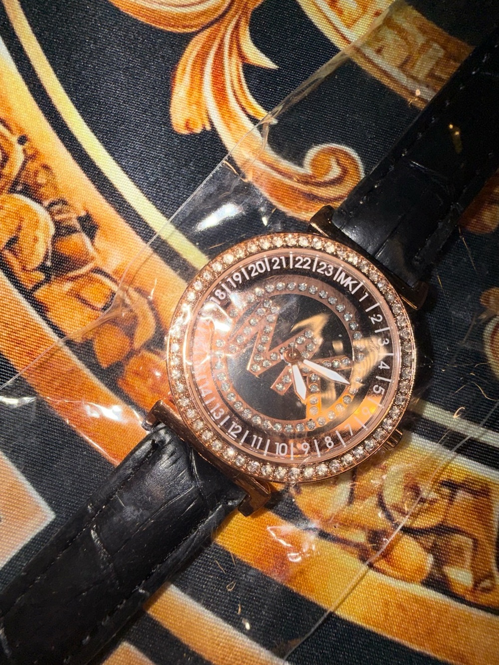 Michael Kors Black Strap Rose Gold Crystal Logo Watch